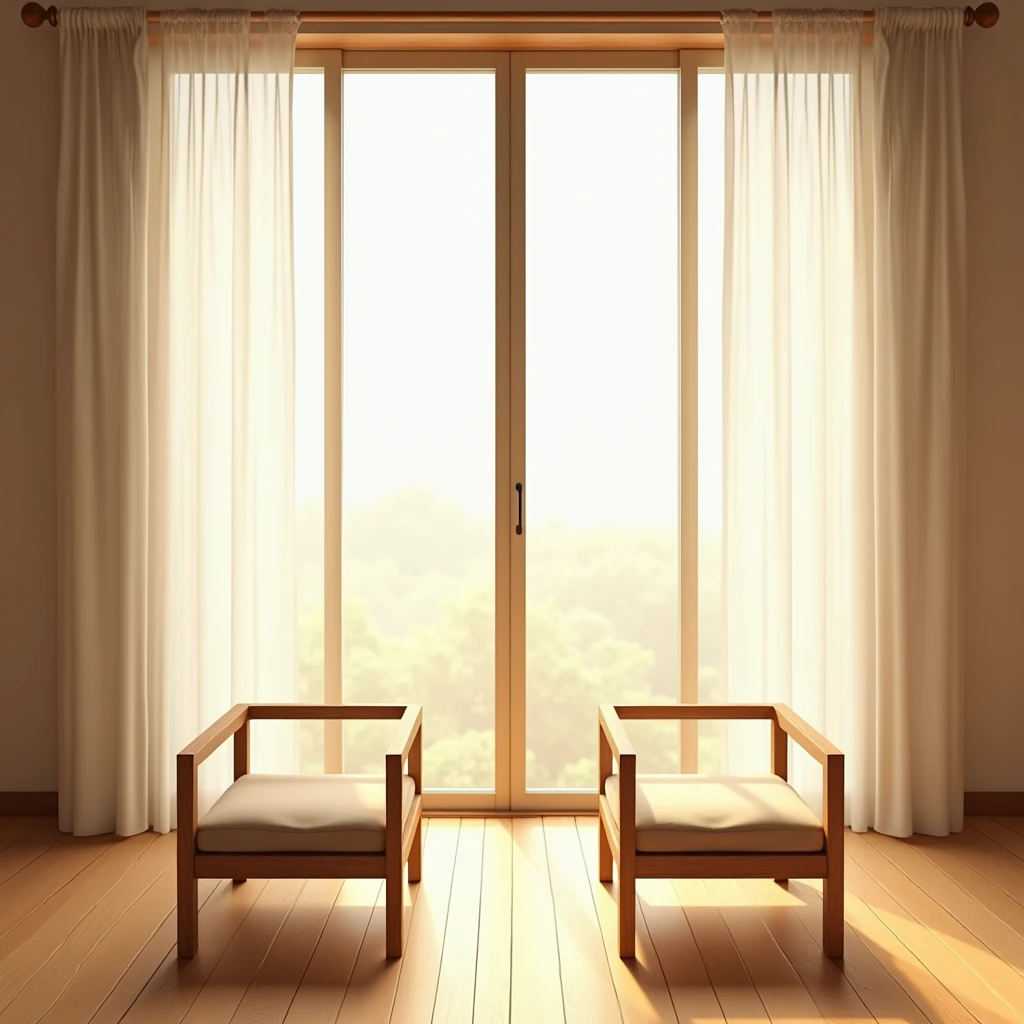 White translucent curtains,There are two wooden chairs in front of the French window facing the camera.,Wooden chair,A beige square cushion is placed on the chair,Natural light and shadow,Top view,High-end,Warm Japanese interior environment,Clean and tidy scene,Wood colored floor,Big scene