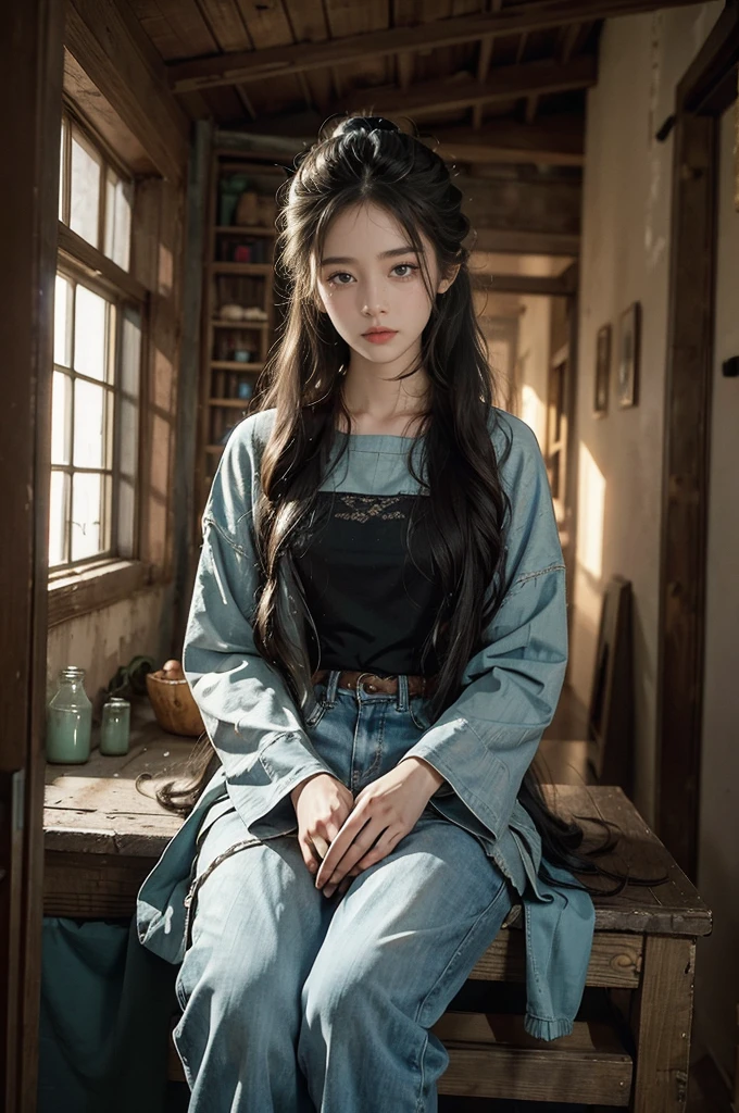 (((best quality))), (((ultra detailed))), (((masterpiece))), illustration,A young girl sits in a dimly lit cell, bound in heavy black chains, her long matted hair falling around her gaunt face. Her almond-shaped eyes are hollow and filled with sadness, once vibrant and full of life. She's wearing tattered clothes, once blue but now faded and stained. Her pants are loose on her emaciated frame. The cell is small and dingy, with stone walls and a concrete floor, a small barred window letting in faint light. The air is musty and rotting, but the girl sits with a calm resignation, her head bowed, hands in her lap, a flicker of defiance in her eyes. It's a chilling and disturbing scene, but also one of strength and resilience, a reminder of the human spirit's ability to endure