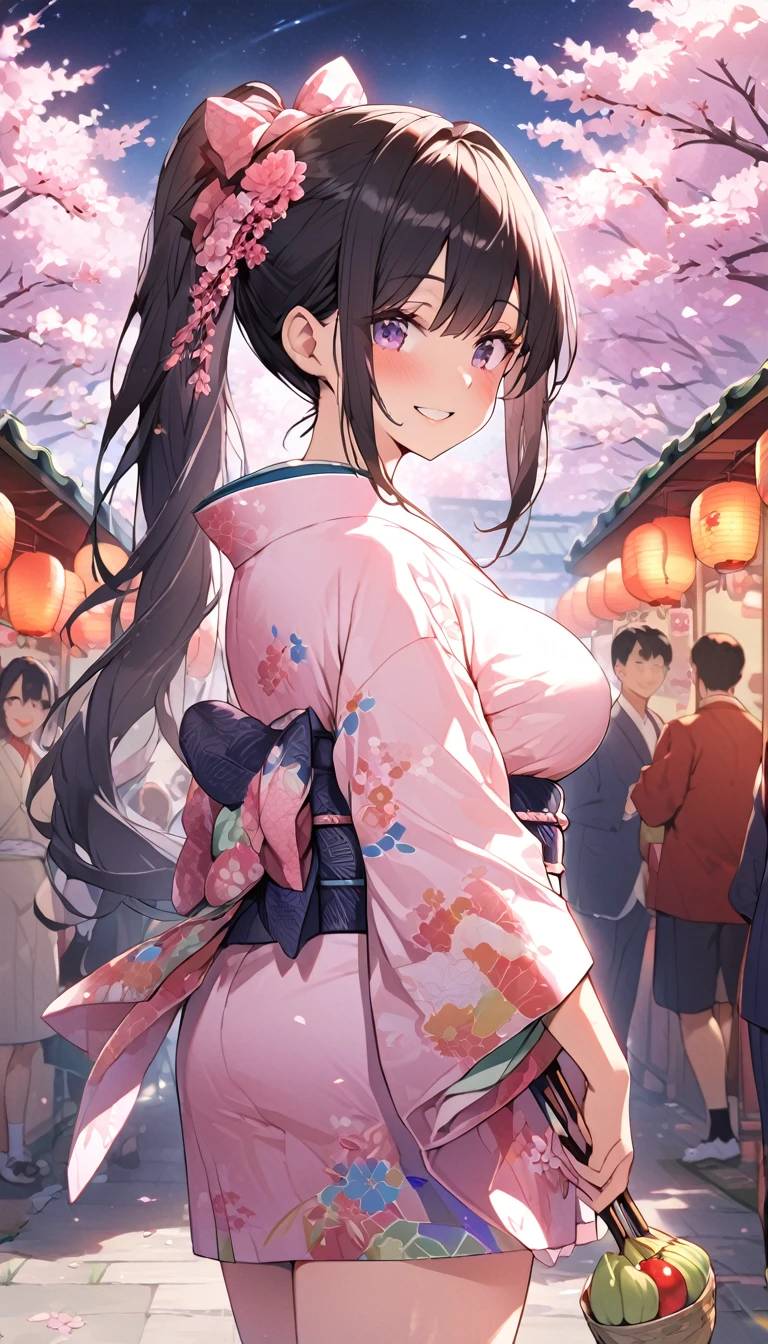 One Woman、beautiful girl、night、nightcherry blossoms、kimono、Beautiful patterned kimono、ponytail、Waraji、School、Back of the school building、spring、cherry blossoms々、はためくcherry blossomsの花びら、Long Hair、Highest quality、Ultra HD、Black Hair、smile、8 heads、White tabi socks、Japanese Umbrella、smile、Cowboy Shot、festival、Many food stalls、Beautiful views、Turn your body forward、Accentuate your breasts、Facing forward