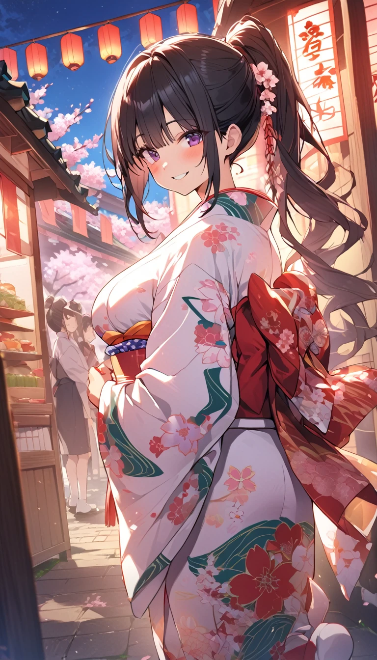 One Woman、beautiful girl、night、nightcherry blossoms、kimono、Beautiful patterned kimono、ponytail、Waraji、School、Back of the school building、spring、cherry blossoms々、はためくcherry blossomsの花びら、Long Hair、Highest quality、Ultra HD、Black Hair、smile、8 heads、White tabi socks、Japanese Umbrella、smile、Cowboy Shot、festival、Many food stalls、Beautiful views、Turn your body forward、Accentuate your breasts、Facing forward