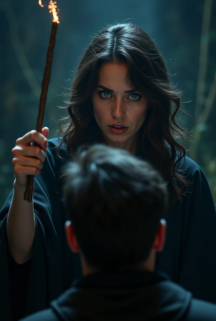 A woman with wavy dark brown hair and blue eyes pointing her wand at a man from behind, she is crying.