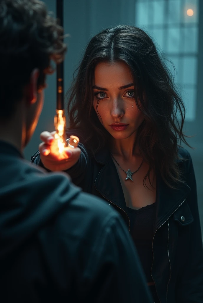 A woman with wavy dark brown hair and blue eyes pointing her wand at a man from behind, she is crying.