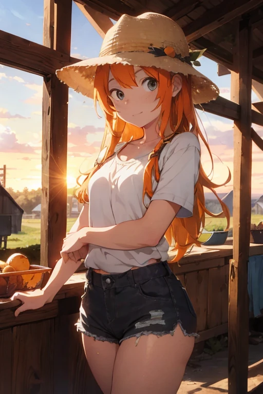 1 female, freckles, orange yellow long hair, farm clothes, farm short, white shoes, farm boots, animals, 2010s anime, thick legs, small chest, in the farmhouse, farm hat, sunset, smoking