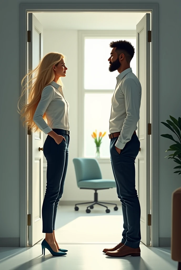 A tall white, blonde woman wearing pants and a shirt stands in front of the door of a doctor's office and the door is open. On the other side of the door, she is greeted by a short, dark-skinned, bearded man.