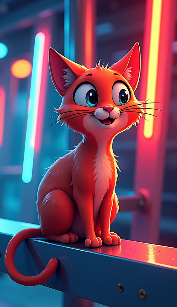 Cartoon, an image of a cat with colored light shining along a metal beam, in the style of kodak aerochrome, hard-edged lines, poured resin, smilecore, precisionist lines, light red, neon lights