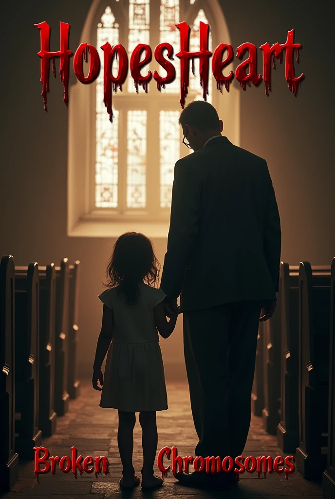 A girl getting beat by her father in church. At the top of the image text reads in a large evil font “HopesHeart”. At the bottom of the image text reads “Broken Chromosomes”