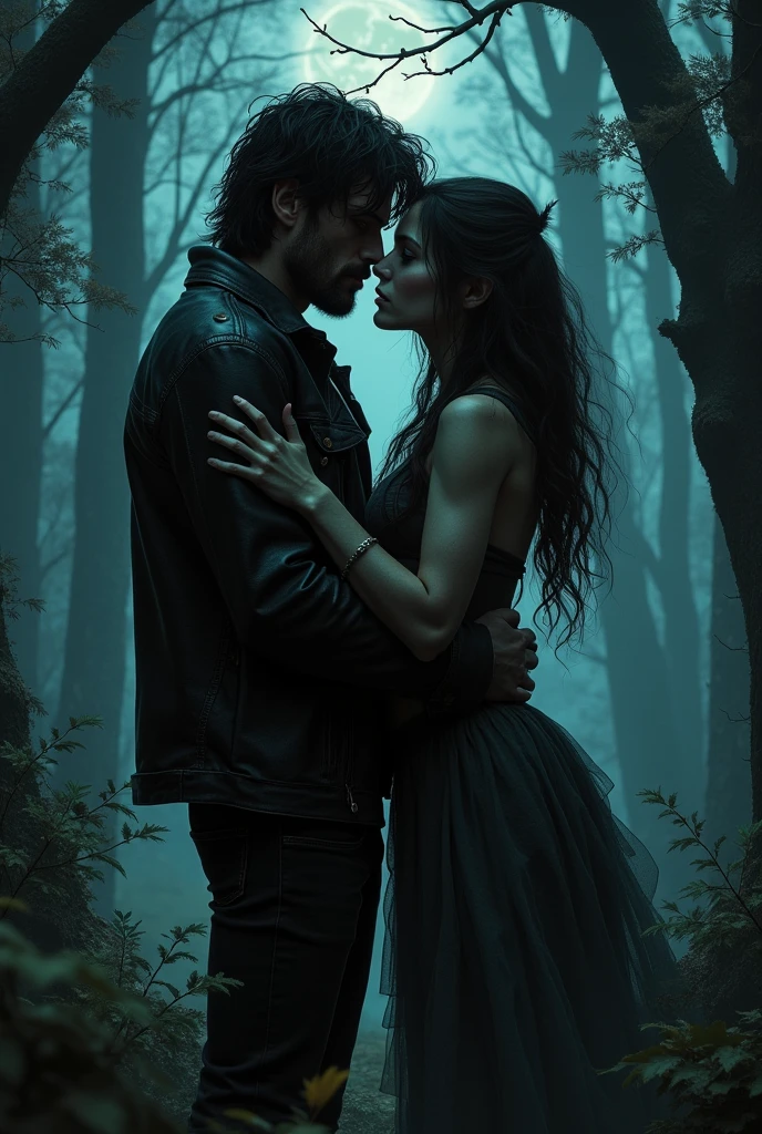 Man with long black messy hair down to the shoulder , black rock pants and a leather jacket.
WOMAN wolf hugs him from behind smelling his neck in the middle of the forest at night