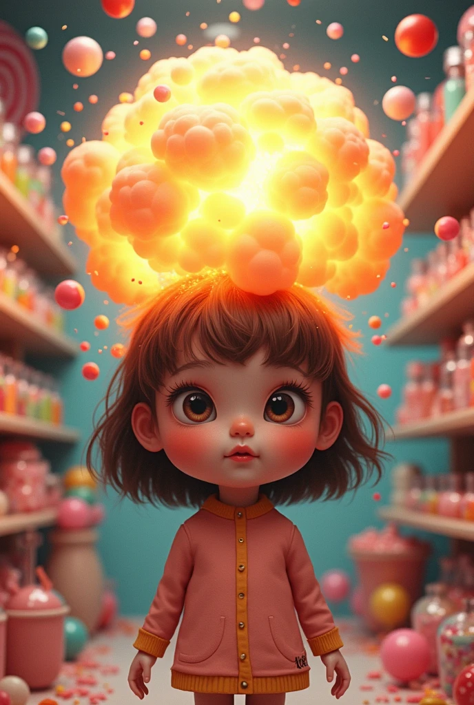 cute girl with head exploding nuclear bomb, candy shop setting, excitement