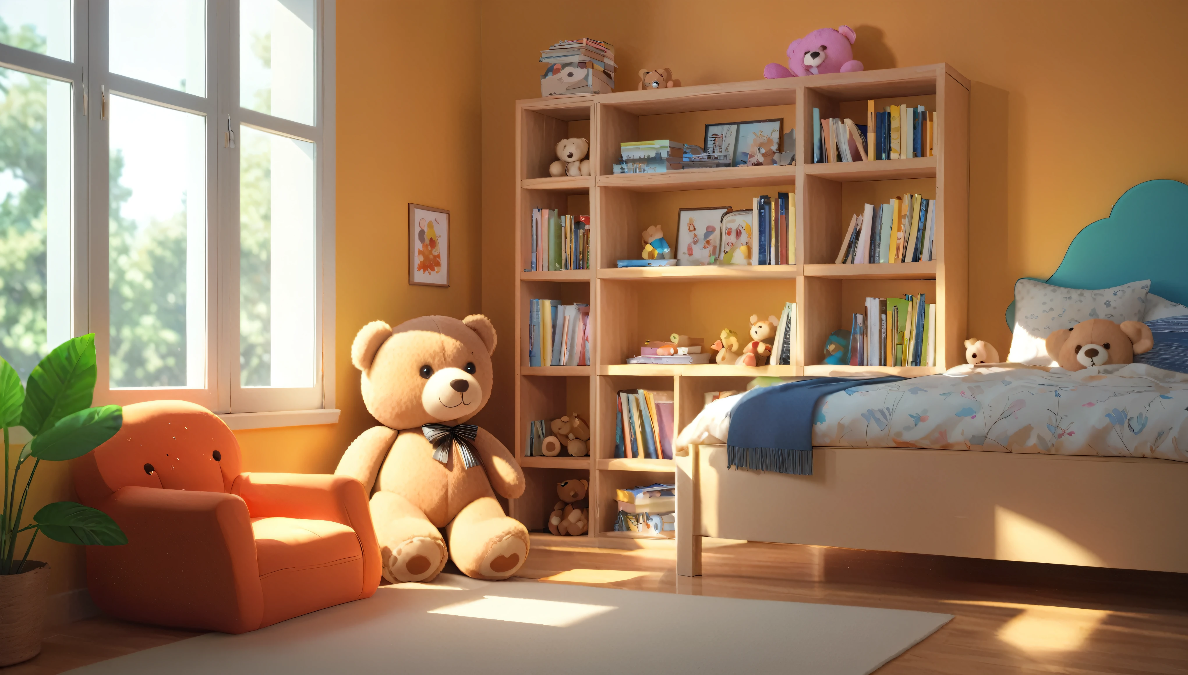 In the room、There are two teddy bears sitting close together。, Photorealistic Room, Toy Room, Personal room background, Cute 3D rendering, Cozy home background, In the 's bedroom, v-rayでレンダリング, Library interior background, Library Background, Vray Rendering, Rendered with Vray, realistic cinema 4 d render, Realistic afternoon lighting