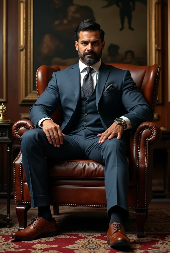 Muscular indian guy in suit sitting on chair and using a bodybuilder as his foot stool crushing with brown leather shoes in victory pose.