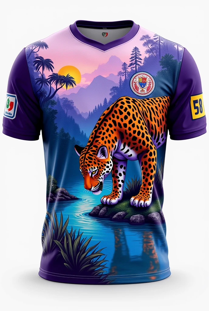 Purple and white football team shirt Details :indigenous painting all over shirt Jaguar drinking water from the river.,in the center of the shirt Number 58 small on the upper right side 