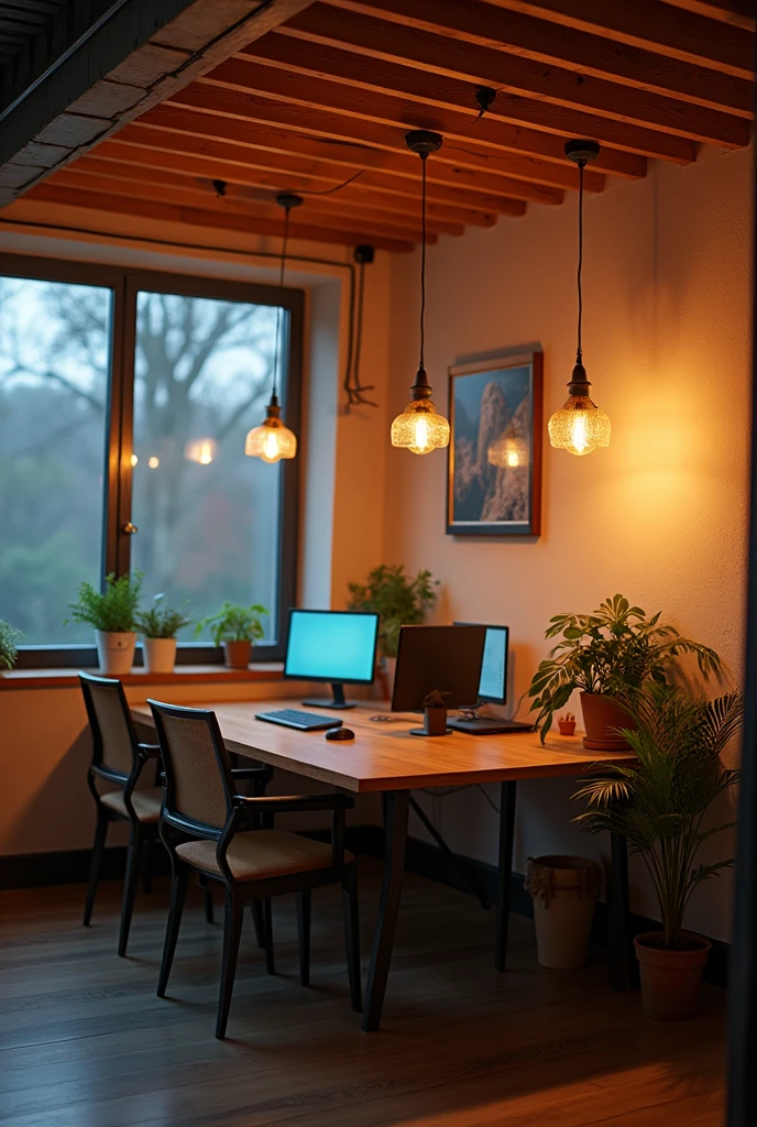 An open office work area, open office style without windows to the outside, Small, informal 8-seat desk with decorative artificial lighting