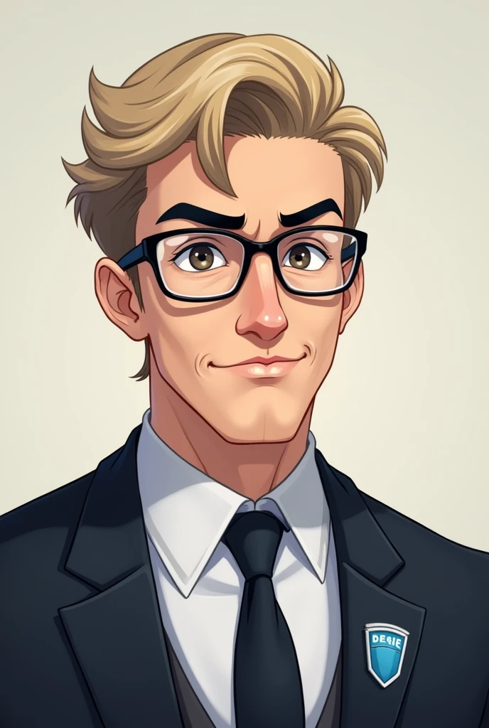 38 year old boy:
- short dark blonde hair and formal low hairstyle, one side of the hair touches the eyebrows and the other side is a little higher than the eyebrows, the hair is parted in such a way that the left side is longer than the right.
- black eyebrows.
- slightly dry skin - black-framed glasses - shy smile - wearing a suit - have expression lines on both sides of the mouth when smiling - upper part of the face is thin but the lower part is a little thinner - wears a blue badge - brown eyes