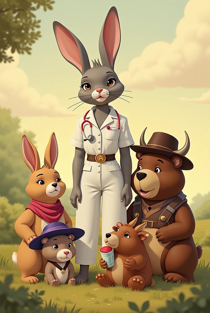 Tall TEENAGE female rabbit, GREY COLOR stop WITH nurse suit white pants and white blouse, A pink stethoscope hung from her neck.., clear brown eyes, IN A GRASSY LANDSCAPE, Disney , warm colors, Lt. Greg Rutkowski, by Alphonse Mucha.
Next to the rabbit is a brown bear with light eyes..., with cowboy clothes and hat. With a belt with the initial A.
Sitting on the floor is a female rabbit, with a rose-colored cowgirl outfit and a purple hat. Sitting next to 2 bears dressed as cowboys. and a brown bull, with hat.