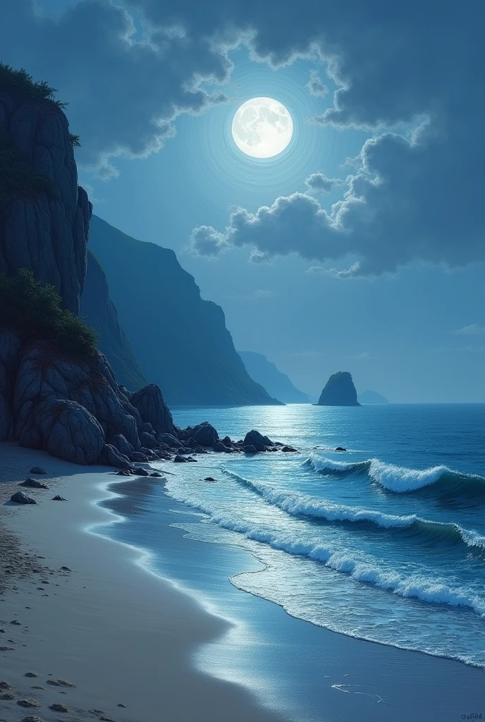 A coastal landscape painting with moonlight by the sea on the beach