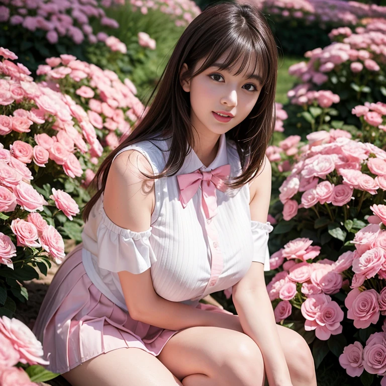 Pink short pleated skirt, in the flower field,Wearing a white sailor suit,white shirt,(knee shot) ,pink bow tie,Pink navy collar,1 female, On the face, laughing out loud, light brown hair, blunt bangs, hair behind ears, Shoulder-length hair, long hair, Slender body type, 超face slimming型, face slimming, delicate lips, beautiful eyes, Thin blush, Eyes are light brown,View here, (actual:1.3), One person's perspective, 8k, Super detailed, high quality, best quality, High resolution, ,Large Breasts,wear a H cup, 3,above knee shot