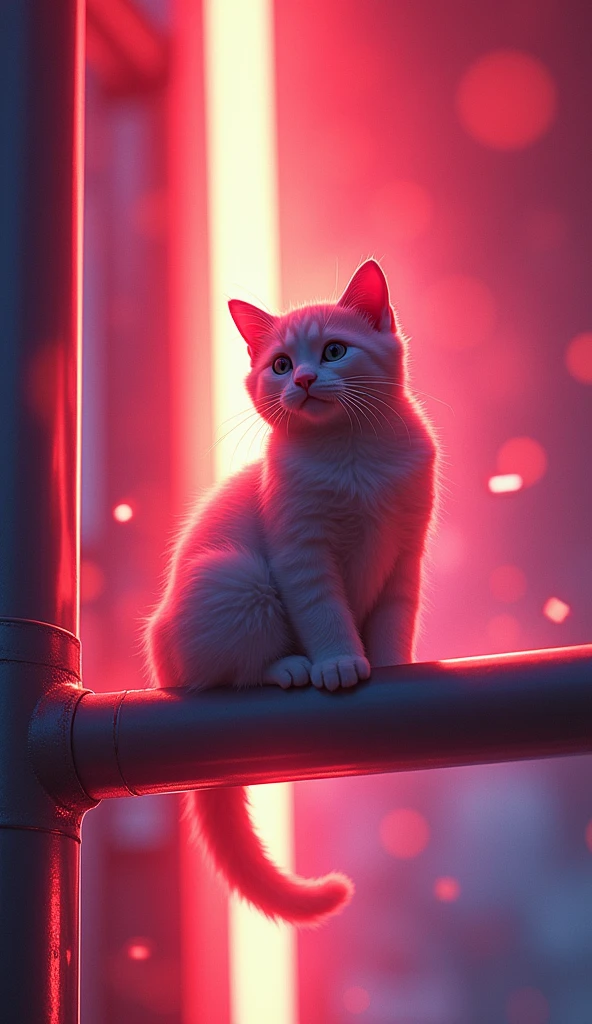 Cartoon, an image of a cat with colored light shining along a metal beam, in the style of kodak aerochrome, hard-edged lines, poured resin, smilecore, precisionist lines, light red, neon lights, blur