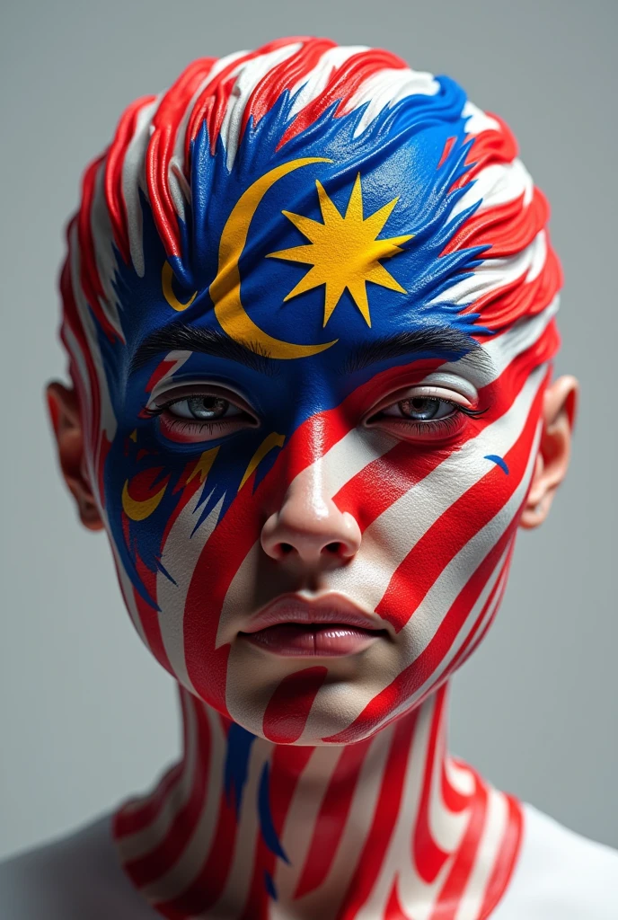 3d malaysian flag logo,repeated pattern,highly detailed,vibrant colors,realistic lighting,masterpiece,(best quality,4k,8k,highres,masterpiece:1.2),ultra-detailed,(realistic,photorealistic,photo-realistic:1.37),photorealistic,3D render,canvas,dynamic composition,studio lighting,physically-based rendering,extreme detail description,professional,vivid colors,bokeh. Human face underneath 