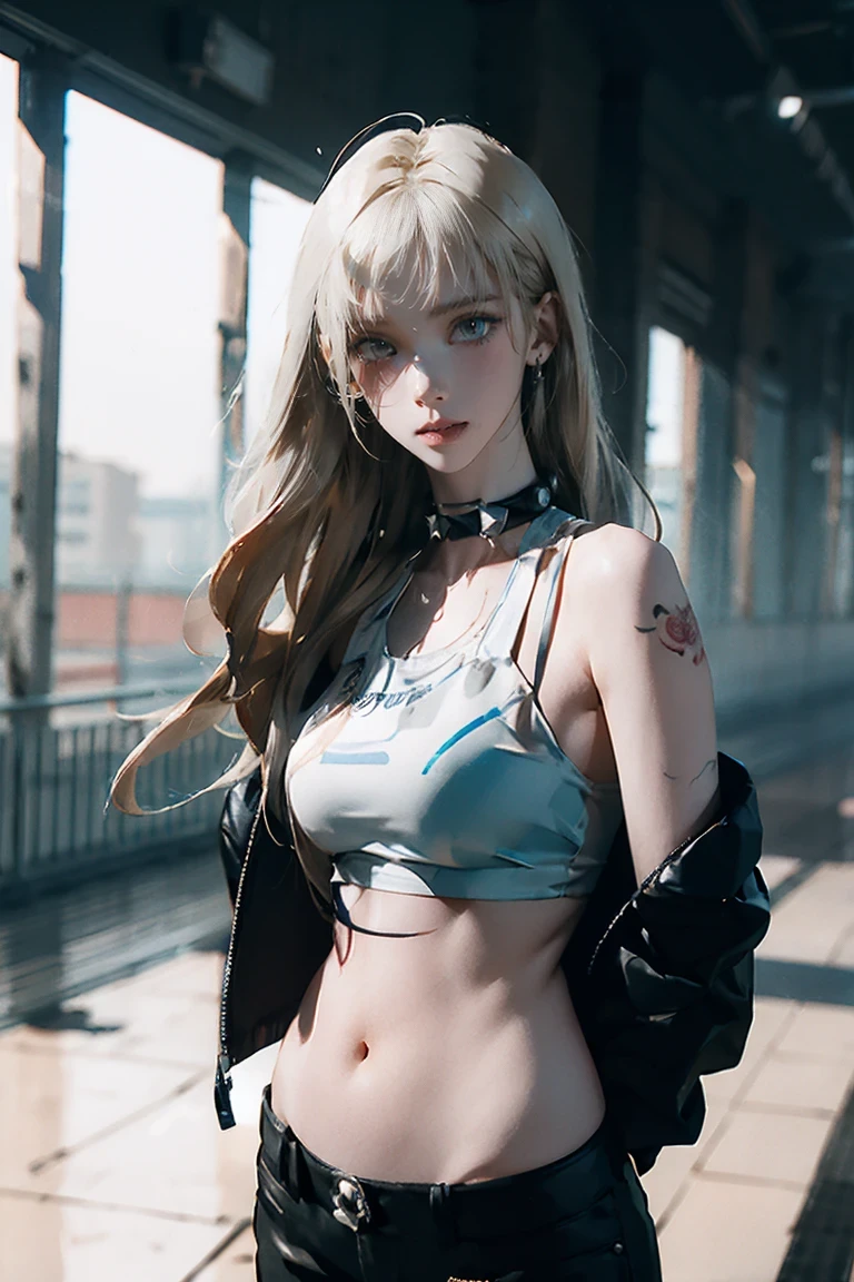 beautiful young girl, 22 years old, tight spandex shorts, Best quality, (Masterpiece}}, (High quality:1.4), (realistic), eye_contact), perfect face, very pretty eyes, thin white long sleeved shirt, {slim sexy body}, (blond hair), on the street, alleyway, leaning against brick wall, short gloves, earrings, toned abs, ((studded leather collar and chain)), (submissive), entire body in frame, ((slender thighs)), thin, gazing directly at viewer, (realistic), tattoo, ((oral invitation)), eye makeup, (perfect fingers), detailed fingernails, cream colored fingernails, full shiny lips, (anatomically correct hands), ((full body view)), open denim jacket, BDSM