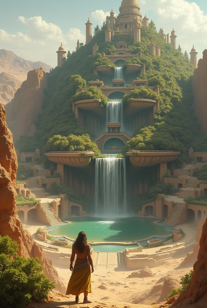 Hanging Gardens of Babylon, distant camera showing him from the front completely, surrounded by desert