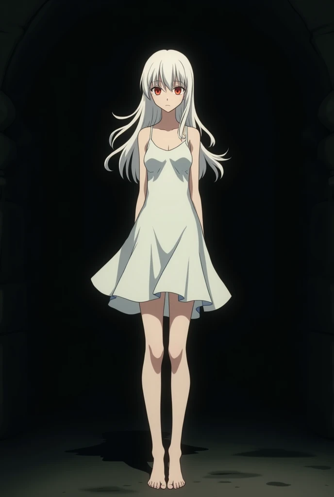 The image is in the style of a Ghibli studio anime., although somewhat gloomy and adult, It features a 20-year-old albino adult woman.. She is standing in front of a completely black wall, She has long hair and red eyes. She has a white dress that reaches her knees.. strong thighs. barefoot.