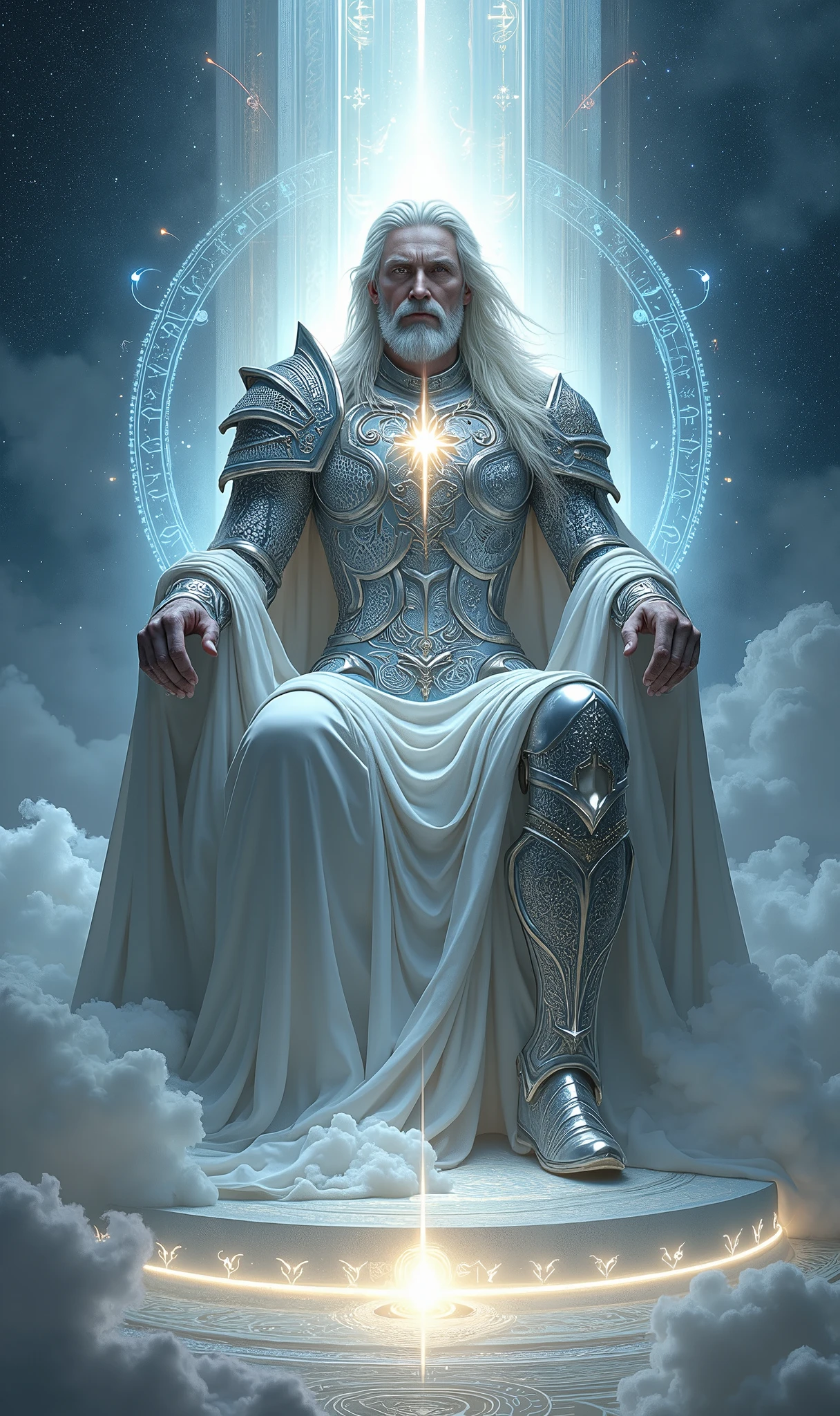 Create an awe-inspiring, regal image for the "King of Lights" card in the Lumen Angelis deck, inspired by the King of Swords from the Rider-Waite tarot but elevated to embody a divine and celestial authority. This figure should radiate immense wisdom, strength, and an unwavering sense of justice, with every element of the image reflecting his role as the ultimate guardian of truth and light.
At the center of the composition stands the King of Lights, a towering and majestic figure, his presence both imposing and serene. He is seated upon a grand throne crafted from pure, radiant light, which appears to be forged from the very essence of the stars. The throne is intricate and angular, with sharp, clean lines that give it an air of authority and power. It floats majestically above a vast, ethereal plane of light, with swirling patterns beneath it, symbolizing the king’s dominion over the realms of knowledge and truth.
The King of Lights is adorned in magnificent armor made of celestial metal, glowing with an intense, silvery light. The armor is intricately designed, with engravings of ancient celestial symbols and sacred geometry that shimmer and pulse with energy. His chest plate bears the symbol of a radiant sun, a representation of his unwavering commitment to justice and clarity. The armor, while imposing, moves fluidly with his form, symbolizing the balance between strength and wisdom.
His face is stern, yet wise, with features that are both noble and timeless. His eyes are sharp and penetrating, glowing with a bright, focused light that seems to see through all deception and darkness. His expression is one of absolute confidence and command, a ruler who governs with an iron will tempered by deep understanding. His hair is long and flowing, made of strands of pure light that cascade down his back and merge seamlessly with the light of his throne.
In his right hand, the King of Lights holds a massive sword of light, its blade gleaming with a brilliant, almost