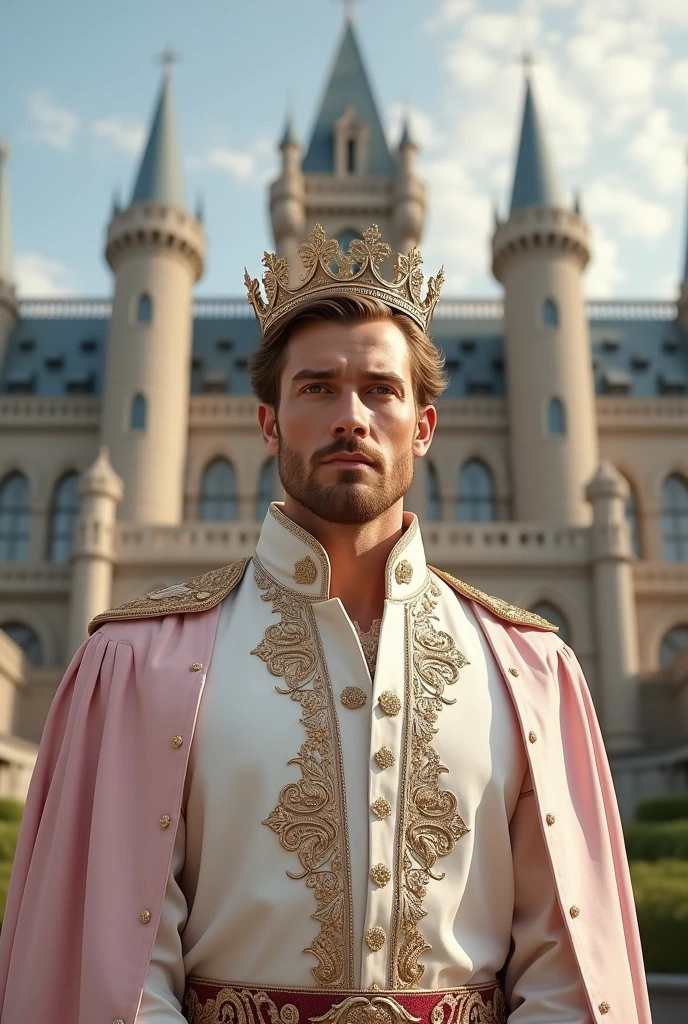 1 Caucasian and white man wearing a white and light pink prince&#39;s shirt,wearing a golden crown, castle background, whole body facing the camera