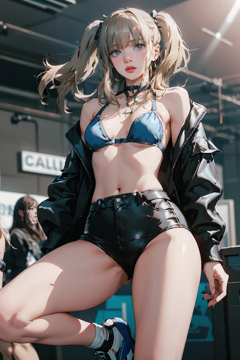 Realistic:1.2, Rocker girl in leather jacket,Slim figure、Normal bust size、 highly Realistic photograph, whole body, NSFW, Spiked clothing,White tank top、Navel exposed、Leather high leg bikini pants、tattoo,Earrings Dark lipstick, blue eyes,Blonde twin tail hair,Black Ribbon, Beautiful and perfect legs, Confident expression, Punk Style ,Dynamic pose, Dynamic Lighting, Bright colors, Large Breasts, (Adult female body),Small waist