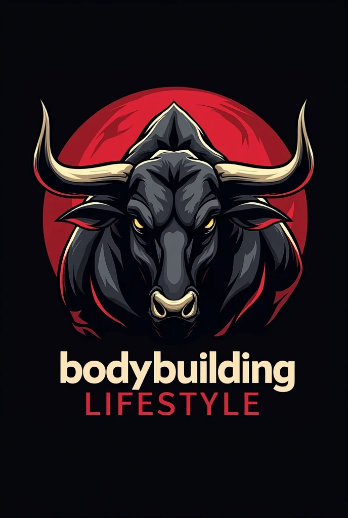 Design a powerful and dynamic logo for a brand featuring a strong, muscular bull as the central figure, symbolizing strength, power, and determination. The bull should have well-defined muscles, with a stance that conveys energy and dominance, embodying the essence of bodybuilding and fitness. Use sharp, angular lines to emphasize the bull's muscular build and add a sense of intensity. Incorporate bold, dark tones like black, deep red, or metallic gray to create a fierce and commanding presence. The logo should include the phrase 'BODYBUILDING LIFESTYLE' in a bold, modern font that complements the aggressive and energetic vibe of the design