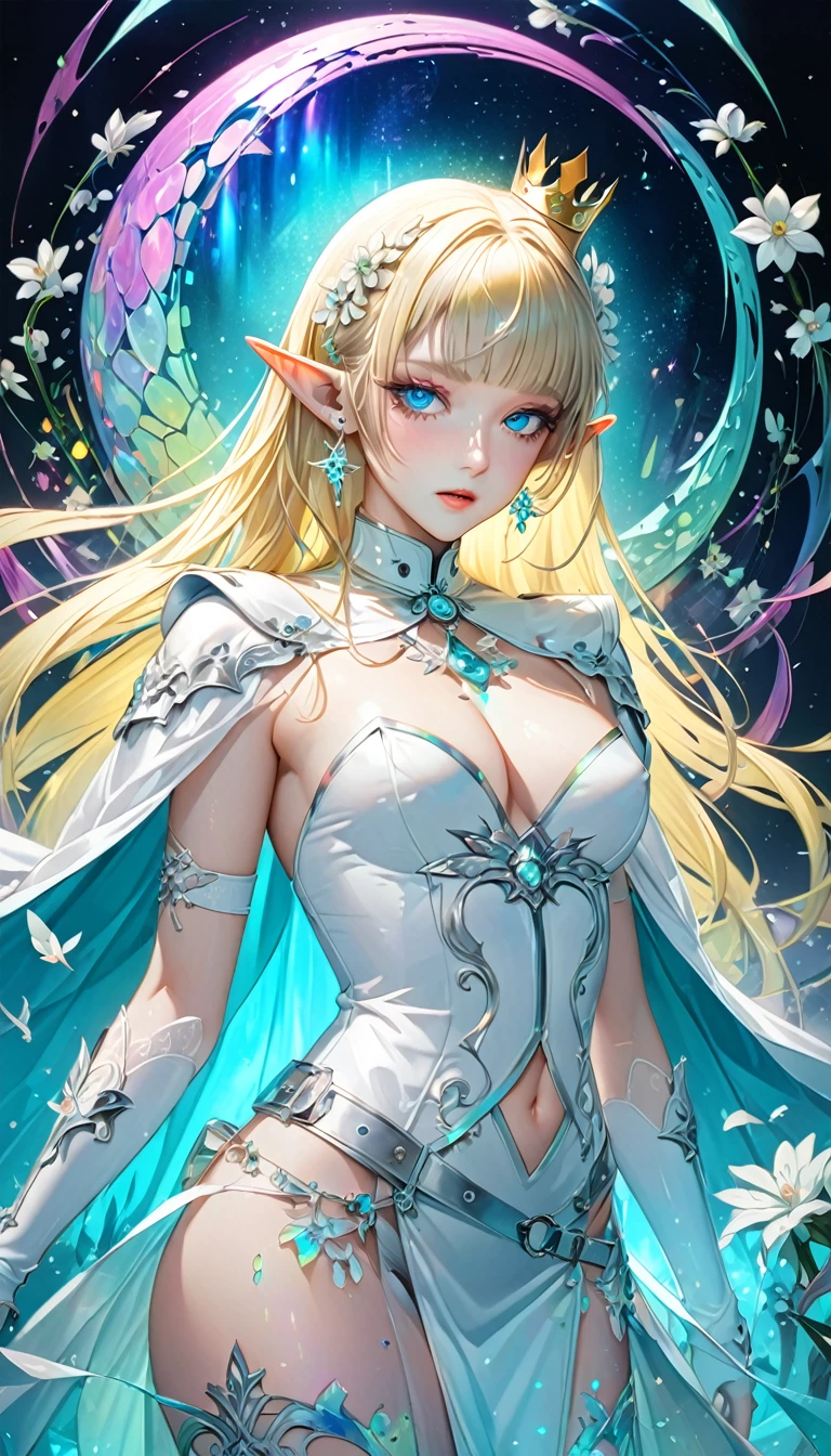 fantasy world that combines flower-punk and gem-punk, beauty elf, blonde silky straight hair with blunt bang, (attractive and seductive) and (amorous and lewd) expression, blue big eyes, glamorous proportions, wearing white knight commander costume with a large opening at the chest, crown made of small white flowers, background iridescent Tiffany Blue, distorted space from another dimension, conceptual installation art, (ultra detailed, absolutely resolution, best quality:1.3), 2.5D, delicate and dynamic effects, foggy filter effects, iridescent glitter effects, artistic, hyper, graphic CG digital fantasy art