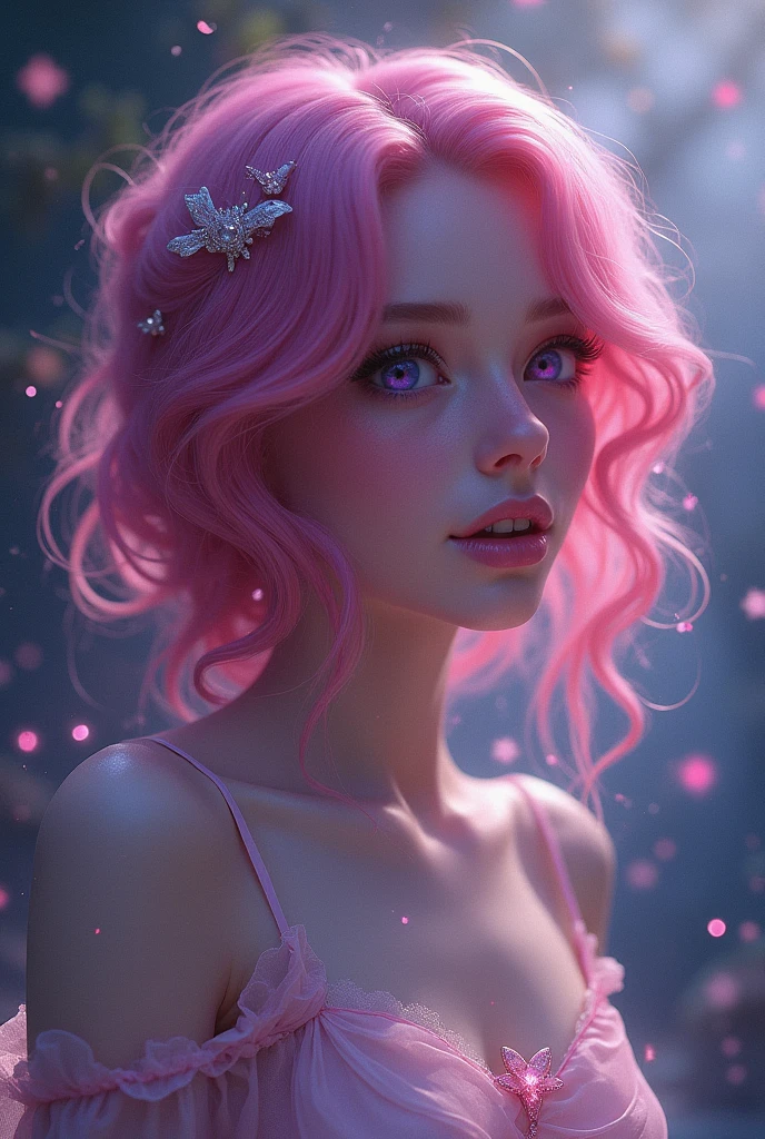 With pink hair and purple eyes,beautiful as a fairy,A melancholy expression that stirs affection,side face,floating hair,light particles,glare,vivid,fancy,dreamlike,a dim atomshpere,college-aged