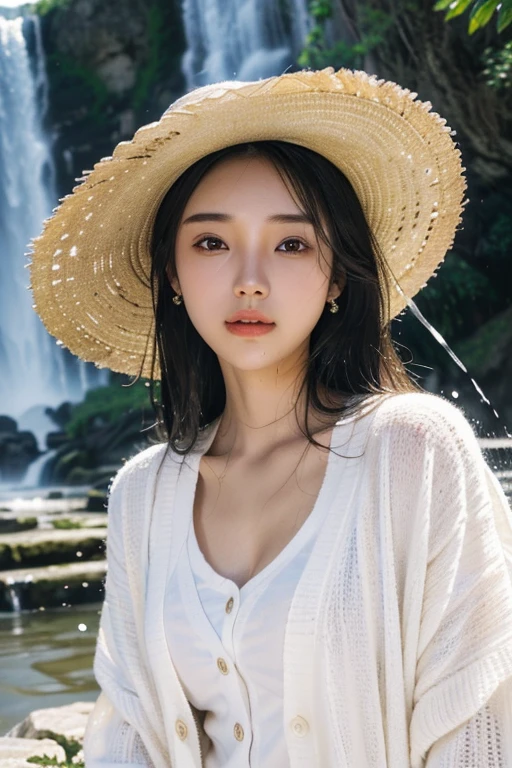 (22 year old Japanese beautiful girl,), (Small breasts:1.5,),(solo,Textured skin, Detailed skin,Detailed face,Detailed eyes,detailed posing,Natural eyebrows,High detail, Highest quality, Super detailed, Surrealism, ,8k,RAW Photos,Photographicism,Professional Lighting,Ray Tracing,Aperture F1.2,Portrait Photography,Natural Light),(((Black Hair, Natural Makeup,Simple earrings,Medium Hair, happiness/joy,White cardigan,White straw hat))),(((A spectacular waterfall,Beautiful river,Splash,)))
