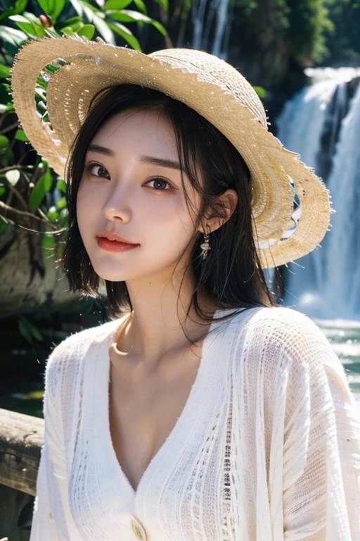 (22 year old Japanese beautiful girl,), (Small breasts:1.5,),(solo,Textured skin, Detailed skin,Detailed face,Detailed eyes,detailed posing,Natural eyebrows,High detail, Highest quality, Super detailed, Surrealism, ,8k,RAW Photos,Photographicism,Professional Lighting,Ray Tracing,Aperture F1.2,Portrait Photography,Natural Light),(((Black Hair, Natural Makeup,Simple earrings,Medium Hair, happiness/joy,White cardigan,White straw hat))),(((A spectacular waterfall,Beautiful river,Splash,)))