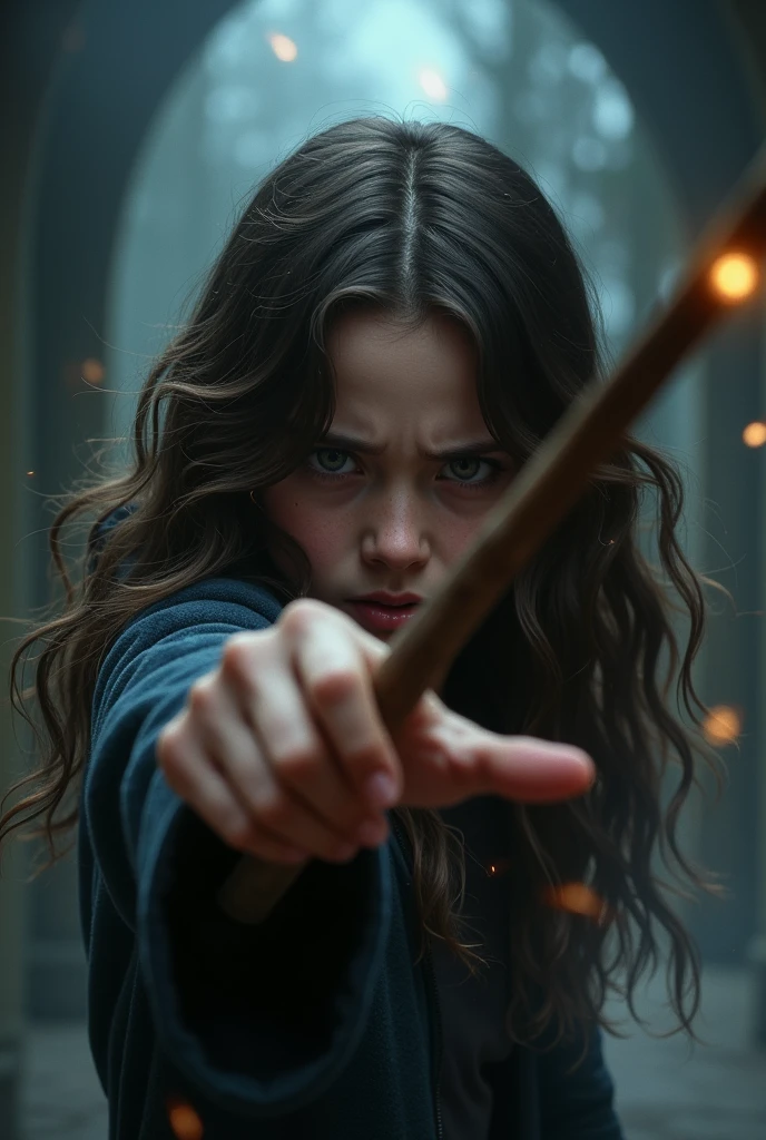 A girl with dark brown wavy hair pointing her wand showing pain on her face