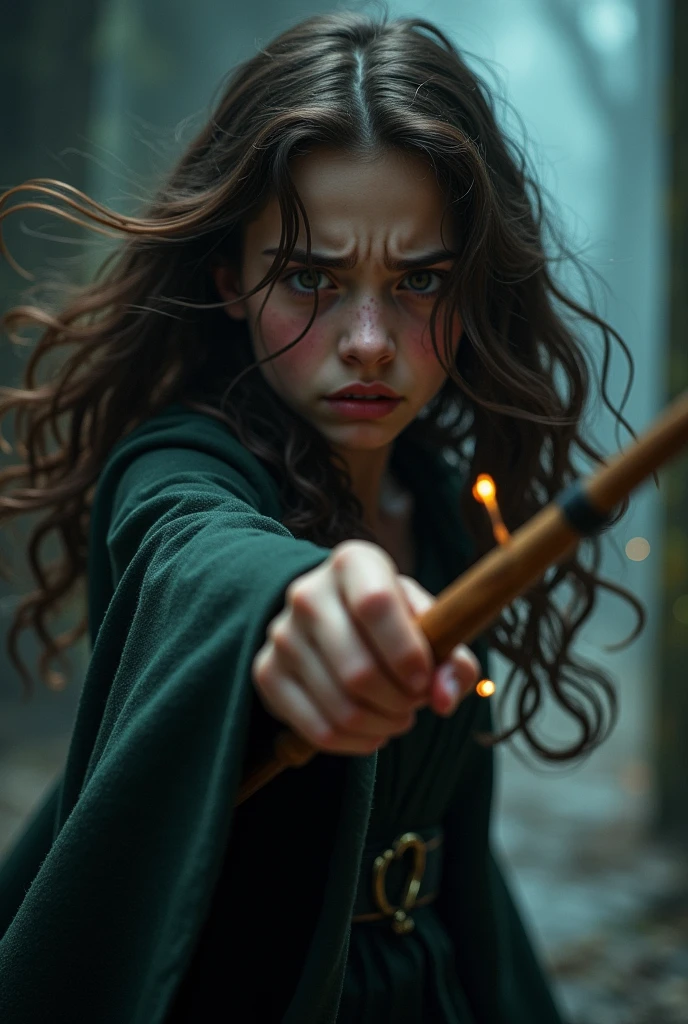 A girl with dark brown wavy hair pointing her wand showing pain on her face