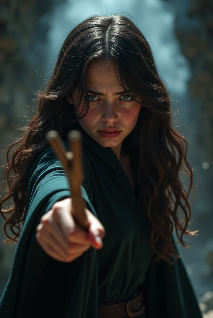 A girl with dark brown wavy hair pointing her wand showing pain on her face