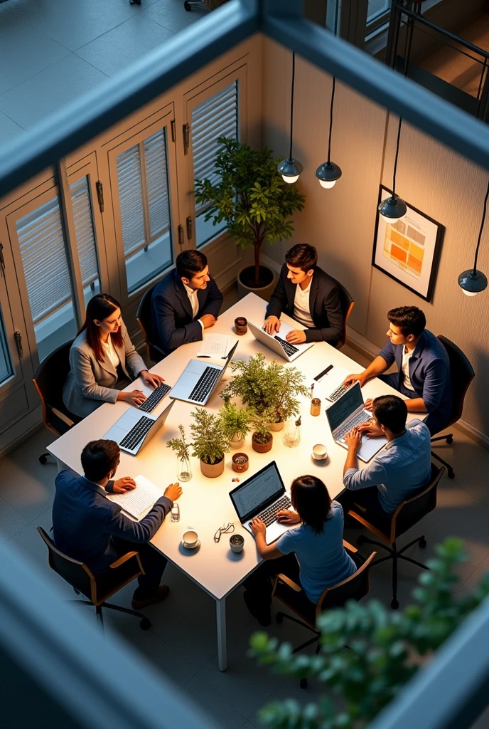 For 8 workers, An open office work area, open office style without windows to the outside,  Small, informal 8-seat desk with decorative artificial lighting