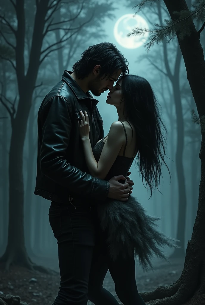 Man with long black messy hair down to the shoulder , black rock pants and a leather jacket.
FEMALE werewolf hugged by him from behind smelling his neck and taking off his clothes in the middle of the forest at night
