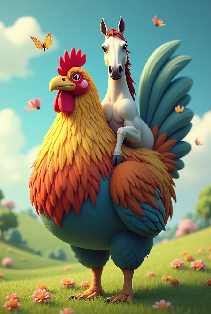 horse riding a chicken