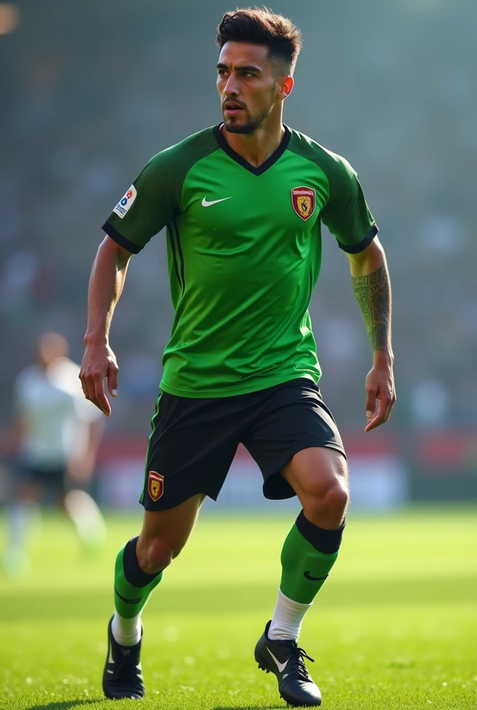 Create a person with a green soccer shirt, black shorts, white socks and black shoes