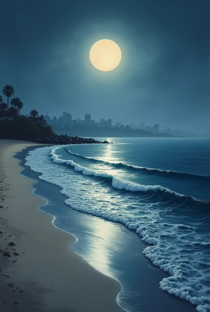 A coastal landscape painting with moonlight by the sea on the urban beach