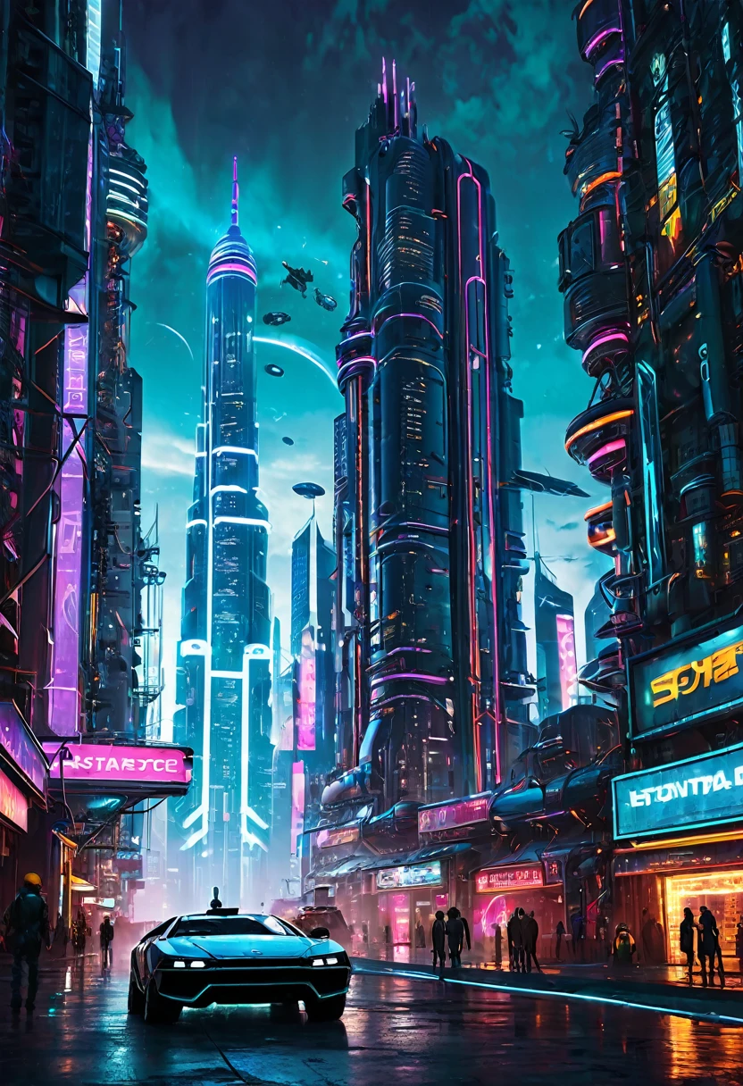 a parallel universe, science fiction, futuristic cyberpunk cityscape, neon lights, holographic displays, hovering skyscrapers, flying cars, advanced technology, artificial intelligence, robots, cybernetically enhanced humans, glowing circuits, industrial machinery, dystopian atmosphere, moody lighting, dramatic shadows, surreal landscapes, breathtaking vistas, cinematic composition, hyper-detailed, 8k, photorealistic, masterpiece