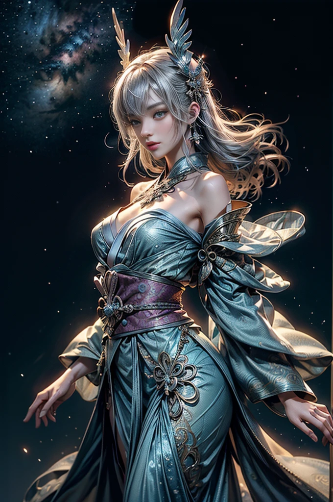 (Photoreal Stick:1.4, masutepiece:1..3, 8K), top-quality, masterpiece, 超A high resolution, Perfect dynamic composition, Professional camera work, Grow Light Effect, Realistic portrait, Cinematic Light, Highly detailed skin and facial texture:1.3, The ultra-detailliert, A detailed eye, cosmic space, (Fanciful:1.3, dream:1.2, tradition:1.2, majestueux:1.2), 1girl in, 25-years old, cute sexy slim female god, Fair skin, (Enraptured look:0.9, Totally captivates you:1.0), (silver japanese kimono:1.3 off shoulder), (voluptuous breasts:0.9), (Backshots, Calm pose), (Beautiful blue eyes, Eyes that feel beautiful eros:0.85), Sexy face:0.4, (A mouthfeel that feels beautiful eros:0.85), ((Too cute beauty:0.9))