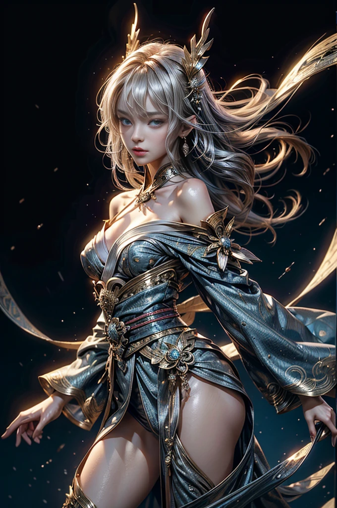 (Photoreal Stick:1.4, masutepiece:1..3, 8K), top-quality, ​masterpiece, 超A high resolution, Perfect dynamic composition, Professional camera work, Grow Light Effect, Realistic portrait, Cinematic Light, Highly detailed skin and facial texture:1.3, The ultra-detailliert, A detailed eye, cosmic space, (Fanciful:1.3, dream:1.2, tradition:1.2, majestueux:1.2), 1girl in, 25-years old, cute sexy slim female god, Fair skin, (Enraptured look:0.9, Totally captivates you:1.0), (silver japanese kimono:1.3 off shoulder), (voluptuous breasts:0.9), (Backshots, Calm pose), (Beautiful blue eyes, Eyes that feel beautiful eros:0.85), Sexy face:0.4, (A mouthfeel that feels beautiful eros:0.85), ((Too cute beauty:0.9))