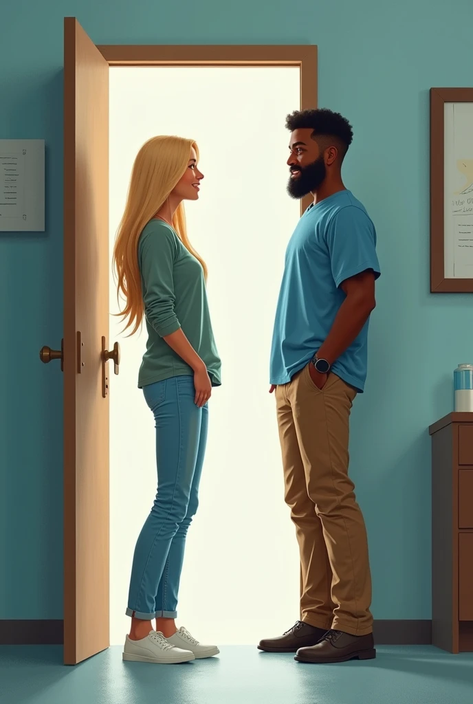 A tall, white, blonde woman dressed in pants and a shirt stands in front of the door of a doctor's office and the door is open. On the other side of the door, she is greeted by a dark-skinned, bearded man who is short and dressed in brown pants and a blue shirt.