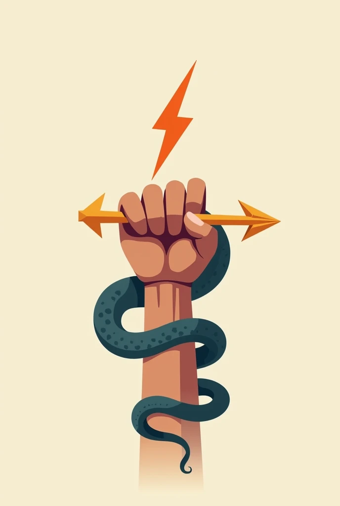 Create an icon-style image of a hand holding a lightning bolt horizontally and around the forearm and the lightning bolt is wrapped in 2 snakes