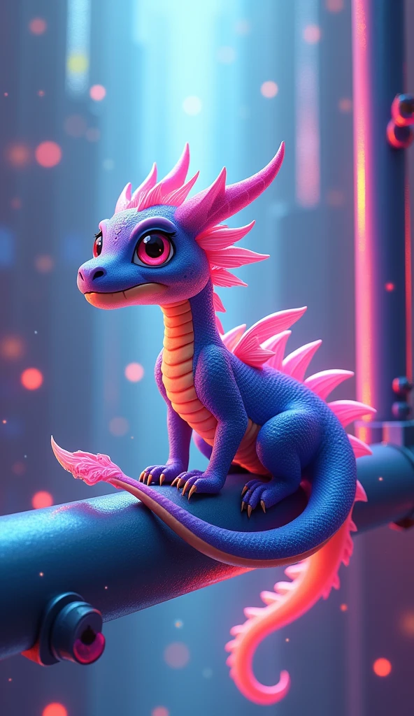 Cartoon, an image of a dragon with colored light shining along a metal beam, in the style of kodak aerochrome, hard-edged lines, poured resin, smilecore, precisionist lines, light blue, neon lights, blur