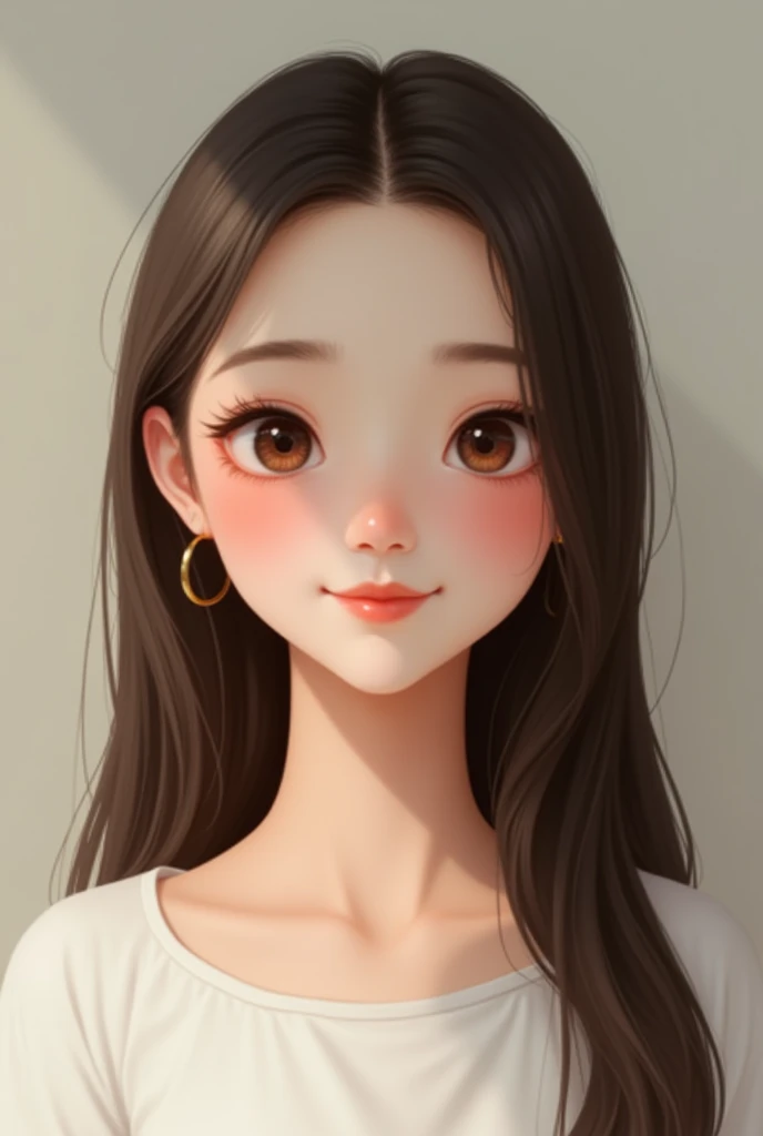Create an image of a young woman, approximately 2. She has fair skin, long, straight dark brown hair that falls to the middle of her back. Her eyes are large, light brown in color, with long, well-defined eyelashes. Her face is oval-shaped, with slightly prominent cheekbones and a thin, straight nose. She has full lips with a natural rosy hue. Her eyebrows are arched and well-defined, matching the color of her hair. She is wearing a simple white blouse and has a calm and friendly expression, looking directly forward. The background of the image is neutral, in a soft color such as light beige or light gray, so that all the focus is on the woman’s face.