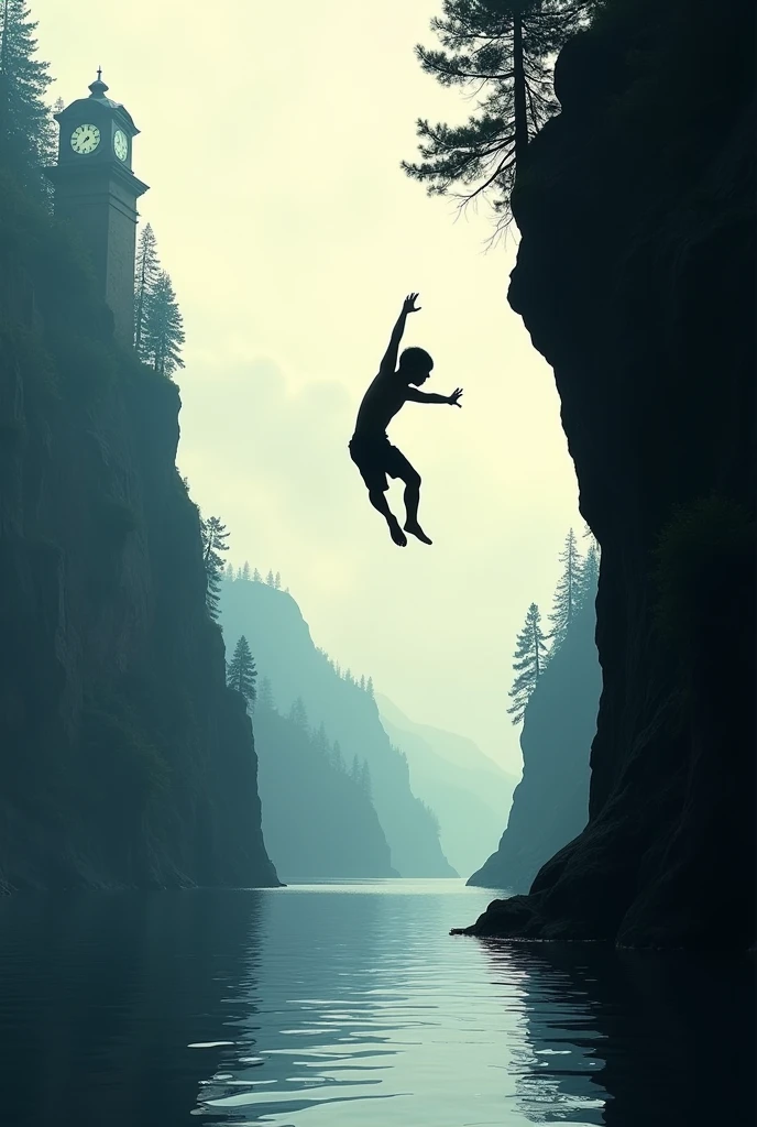 Silhouette of young teenager falling into the water in a V position from a cliff and with an antique clock in the background