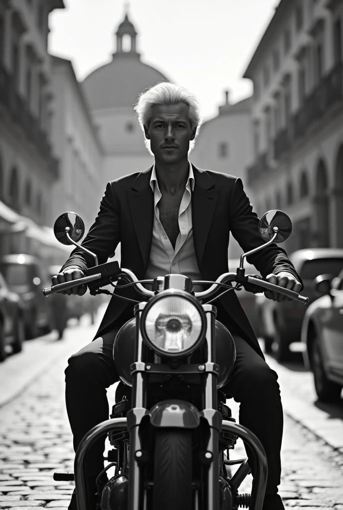 Suit Men Weishi Motorcycle Reference Movie Roman Holiday Character Reference Gregory Peck! Movie poster! Background Old Rome Fontana di Trevi Skinny and tall！Skinny and tall！（Chest hair：1.5） ！ High detail 8K)! ((Realistically)),((Monochrome)), ((grayscale)), white hair Smoke, movie feeling! Movie lights! Award-winning poster Ambiguous and teasing


